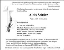Traueranzeige Alois Schütz