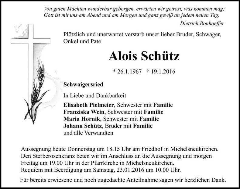 Traueranzeige Alois Schütz