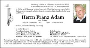 Traueranzeige Franz Adam