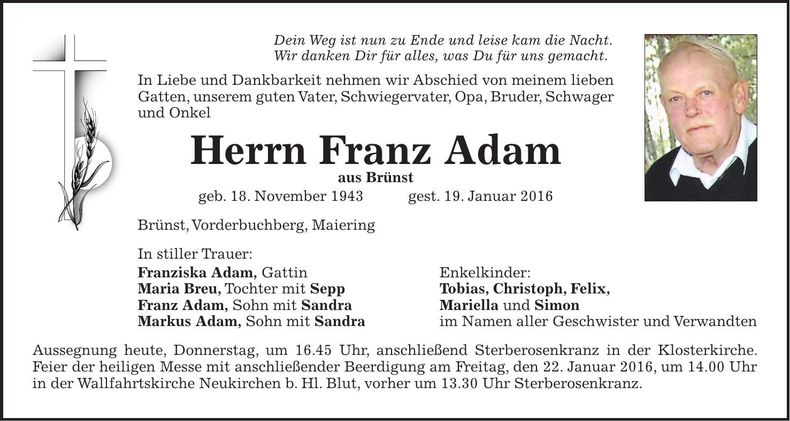 Traueranzeige Franz Adam
