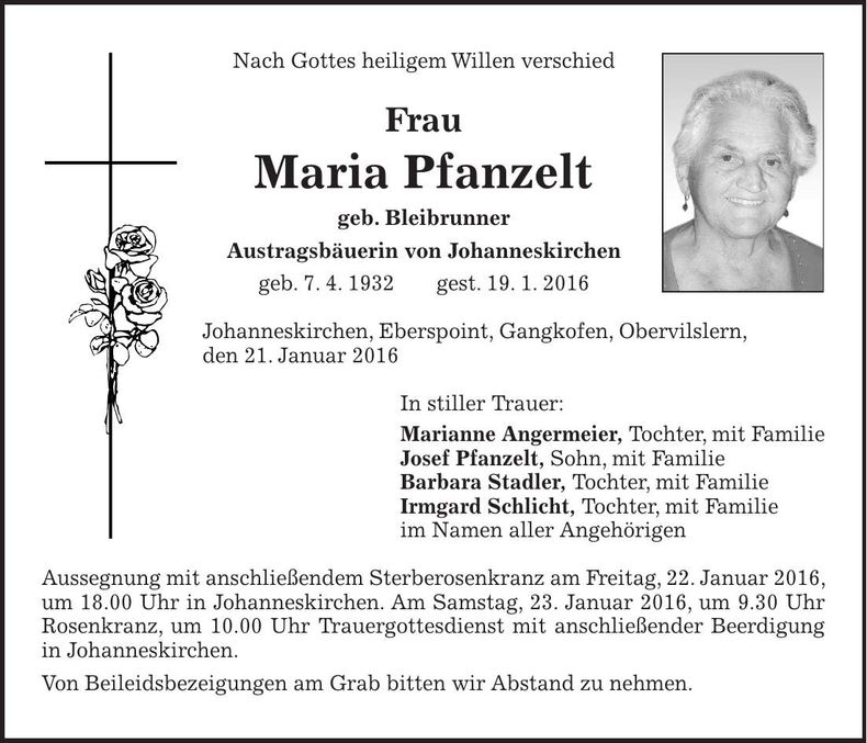Traueranzeige Maria Pfanzelt
