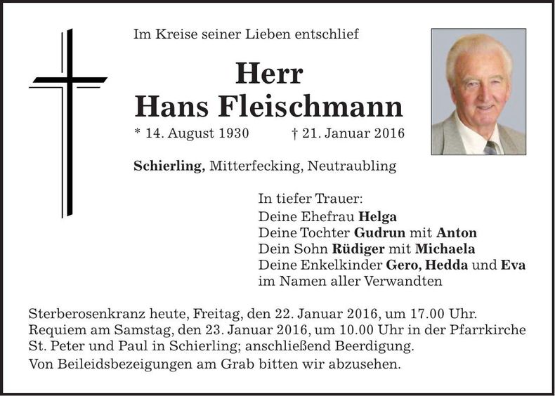Traueranzeige Hans Fleischmann