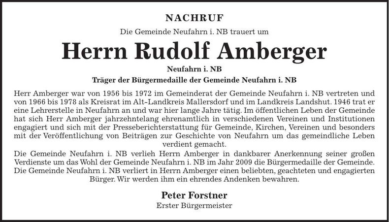 Traueranzeige Rudolf Amberger