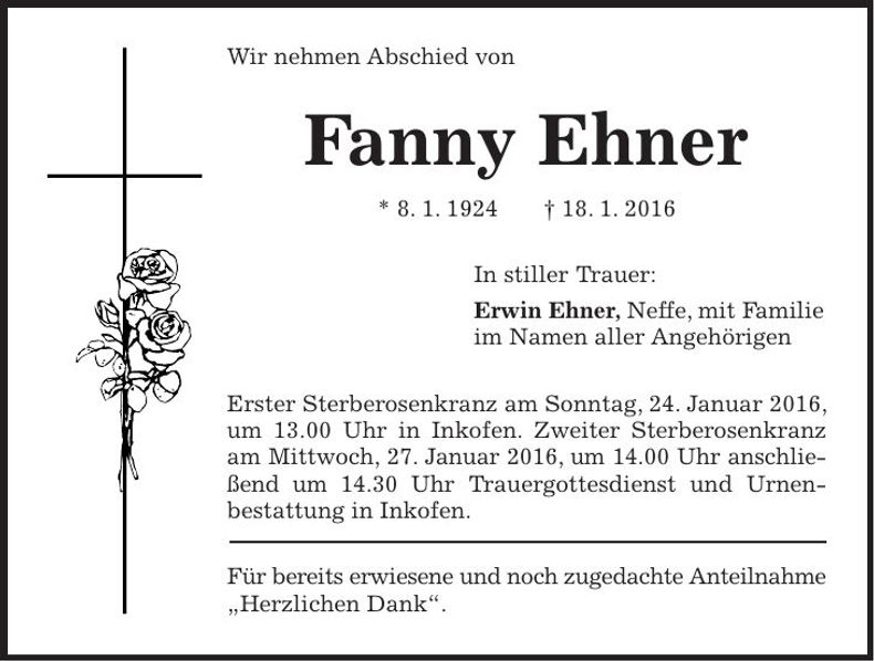 Traueranzeige Fanny Ehner