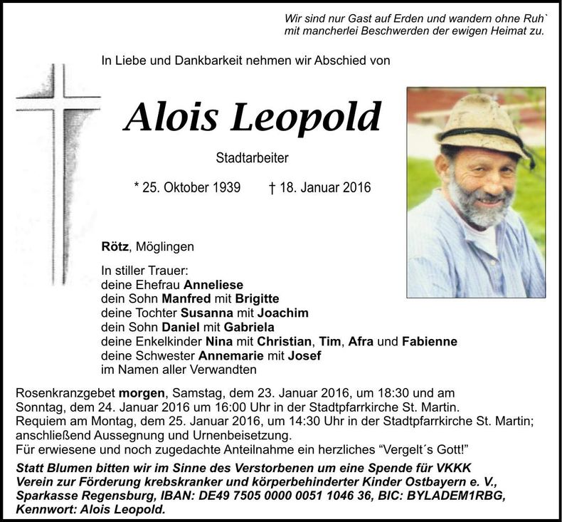 Traueranzeige Alois Leopold