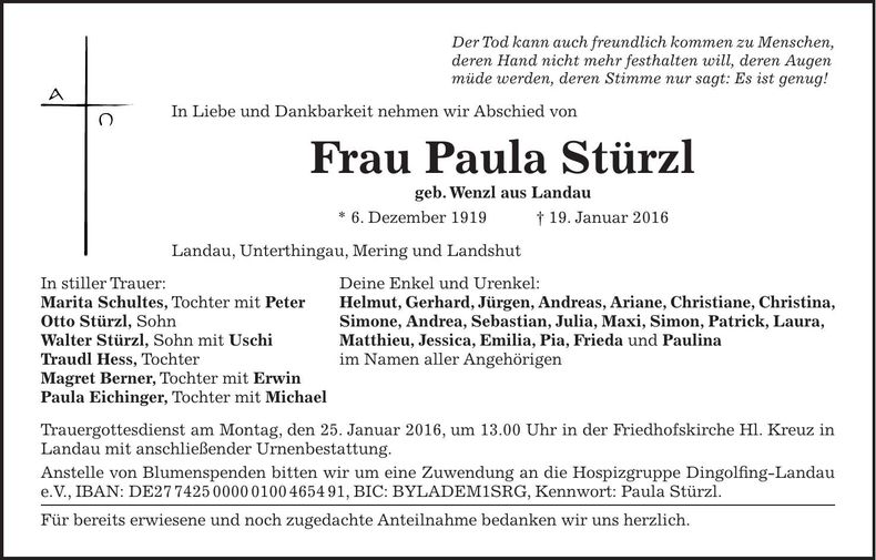 Traueranzeige Paula Stürzl