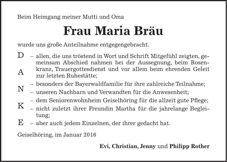 Traueranzeige Maria Bräu