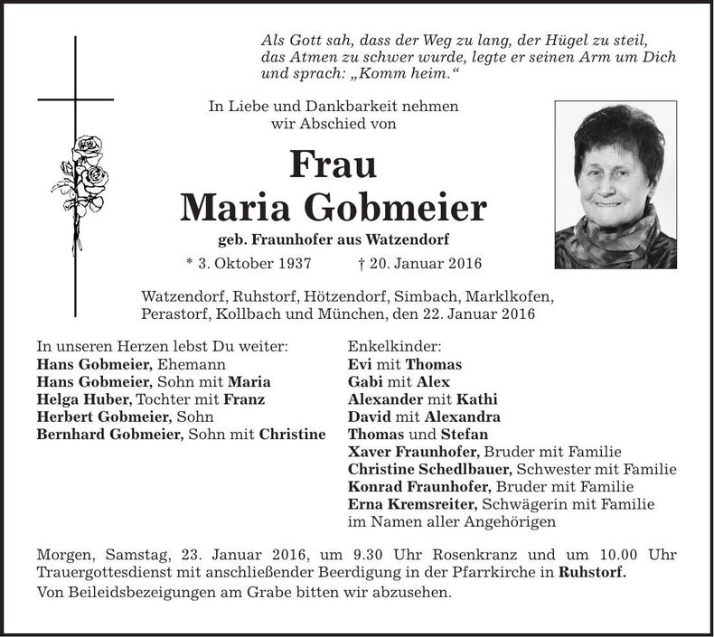 Traueranzeige Maria Gobmeier