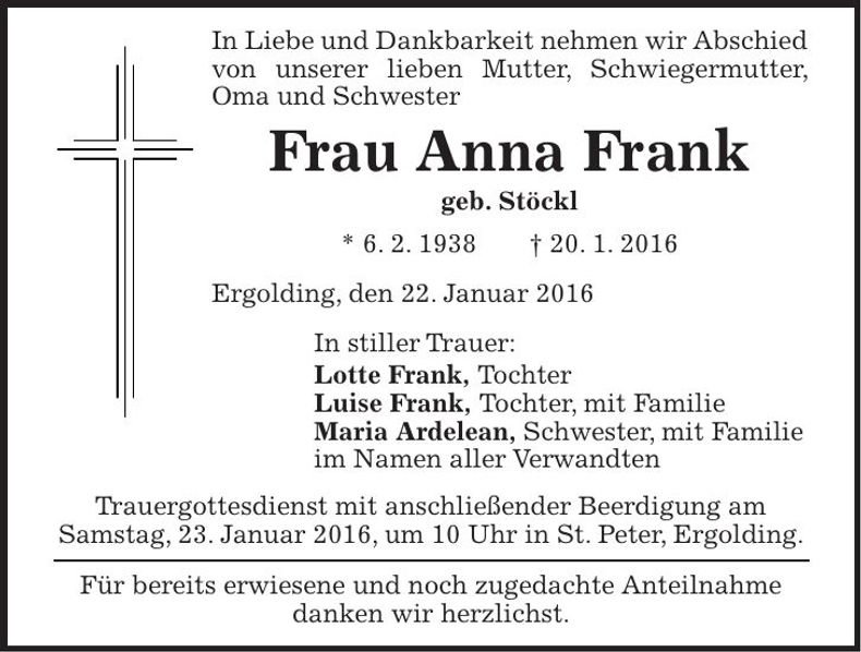 Traueranzeige Anna Frank