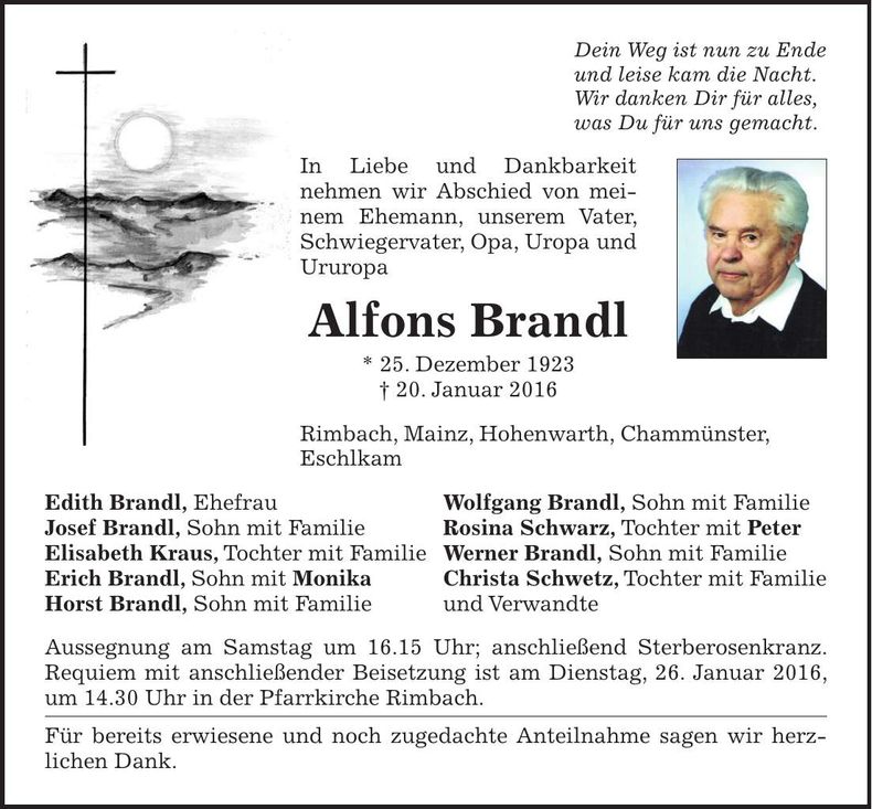 Traueranzeige Alfons Brandl