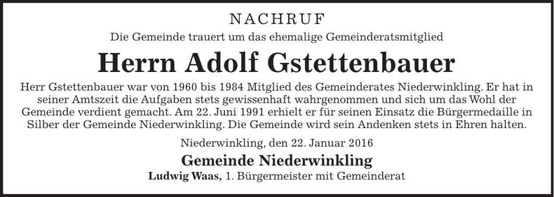 Traueranzeige Adolf Gstettenbauer