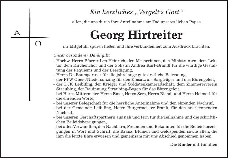 Traueranzeige Georg Hirtreiter