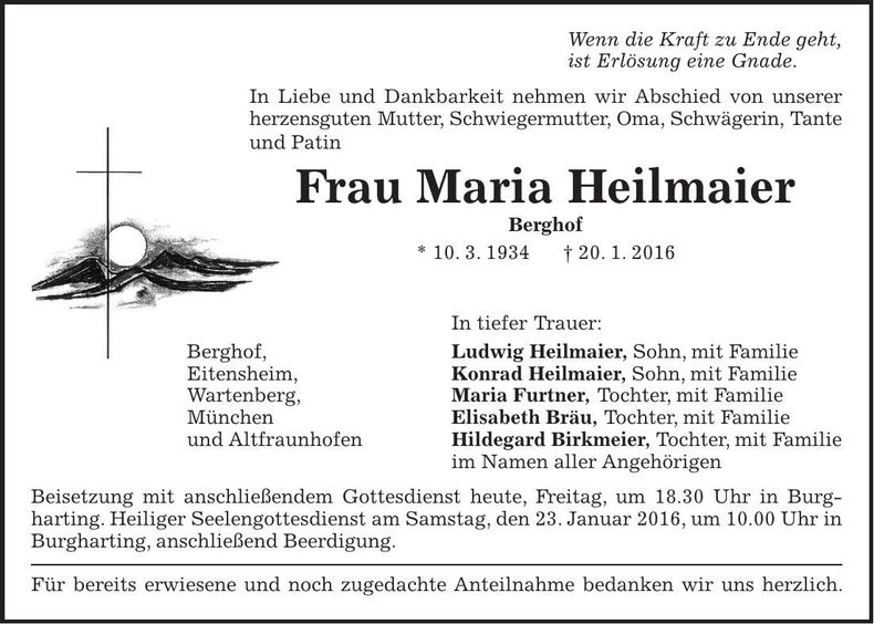 Traueranzeige Maria Heilmaier