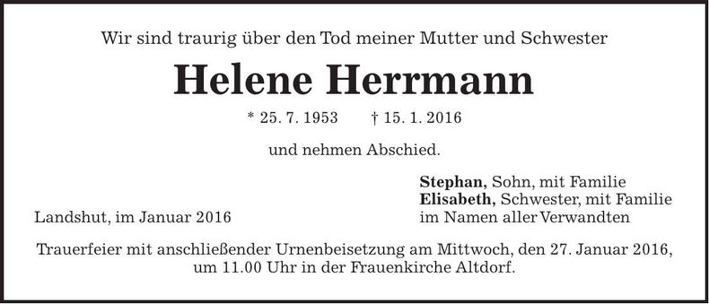 Traueranzeige Helene Herrmann