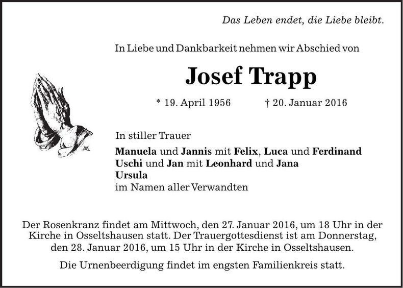 Traueranzeige Josef Trapp