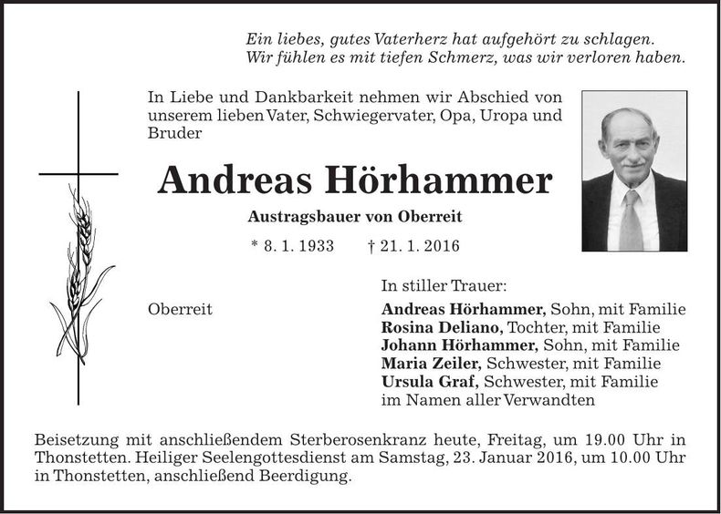 Traueranzeige Andreas Hörhammer