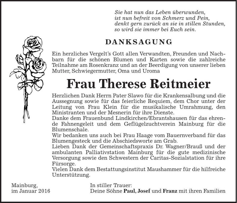 Traueranzeige Therese Reitmeier