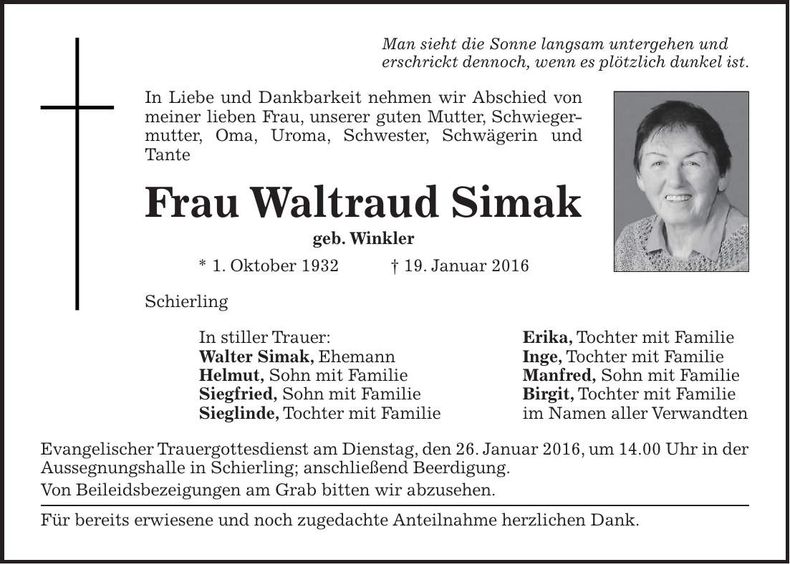 Traueranzeige Waltraud Simak