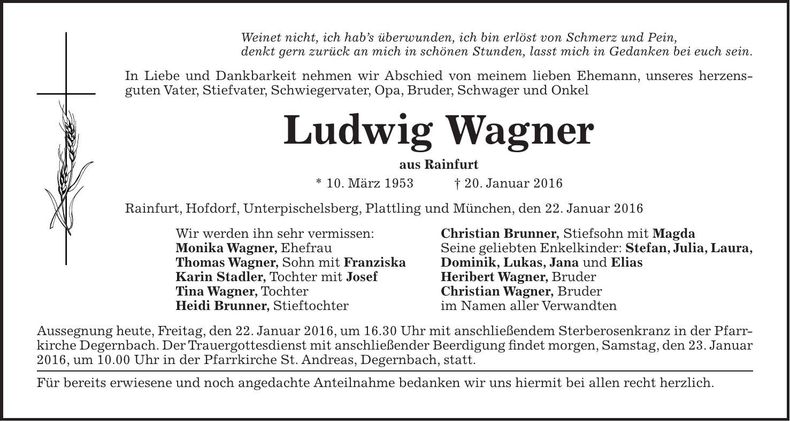 Traueranzeige Ludwig Wagner