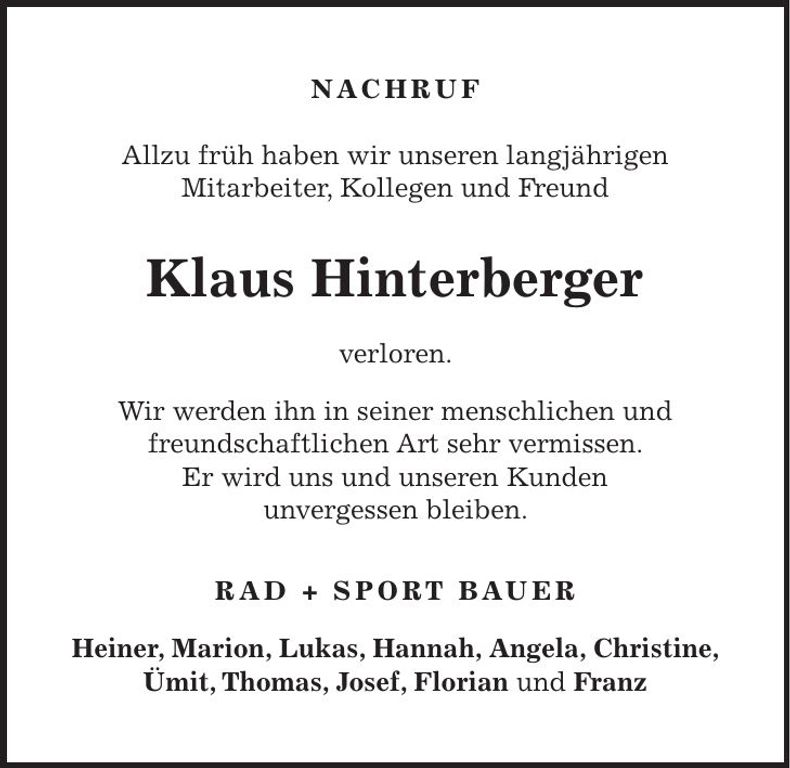 Traueranzeige Klaus Hinterberger