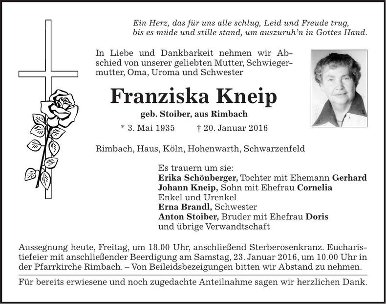 Traueranzeige Franziska Kneip