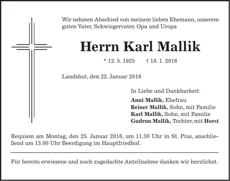 Traueranzeige Karl Mallik