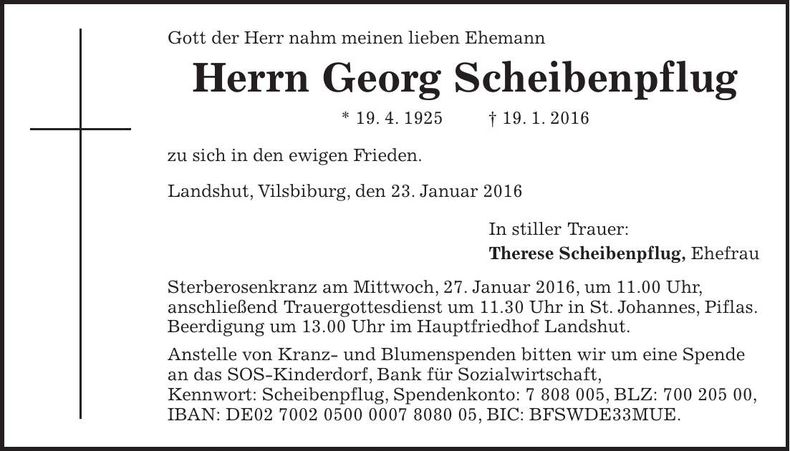 Traueranzeige Georg Scheibenpflug