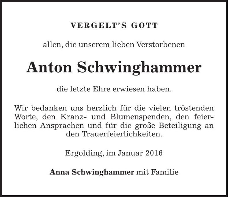 Traueranzeige Anton Schwinghammer