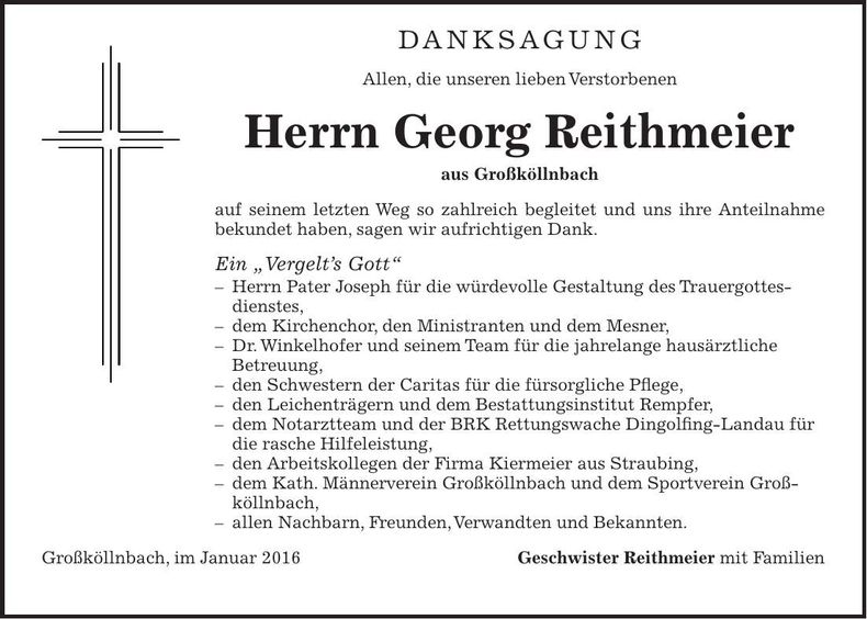 Traueranzeige Georg Reithmeier