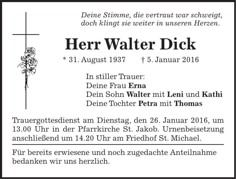 Traueranzeige Walter Dick