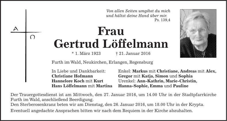 Traueranzeige Gertrud Löffelmann
