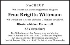 Traueranzeige Brigitta Wittmann