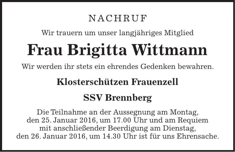 Traueranzeige Brigitta Wittmann
