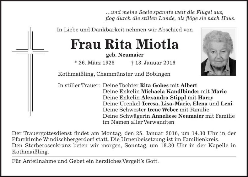 Traueranzeige Rita Miotla