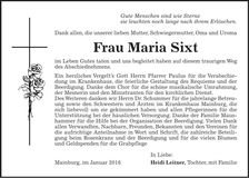 Traueranzeige Maria Sixt