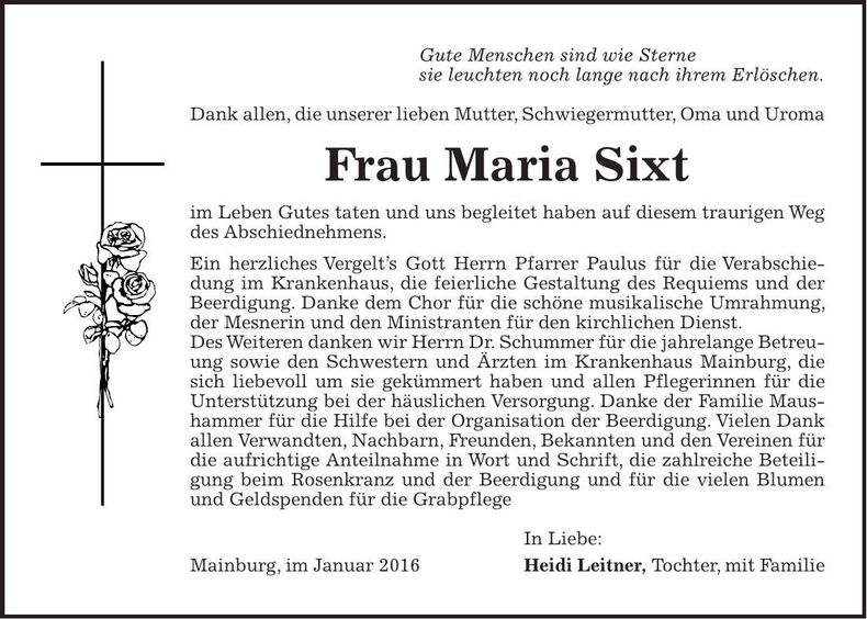 Traueranzeige Maria Sixt