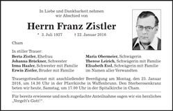 Traueranzeige Franz Zistler