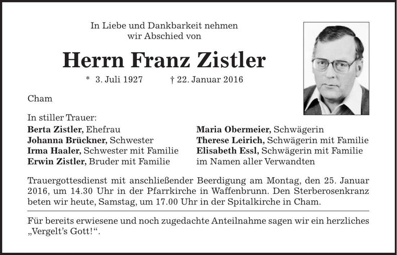 Traueranzeige Franz Zistler