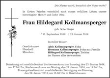 Traueranzeige Hildegard Kollmannsperger