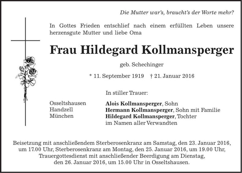 Traueranzeige Hildegard Kollmannsperger