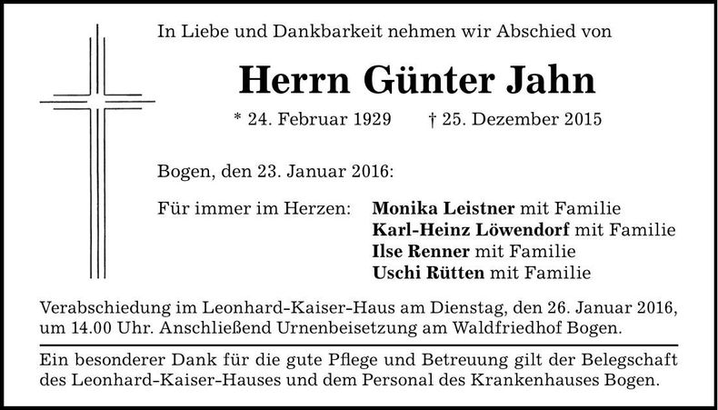 Traueranzeige Günter Jahn