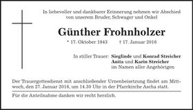Traueranzeige Günther Frohnholzer