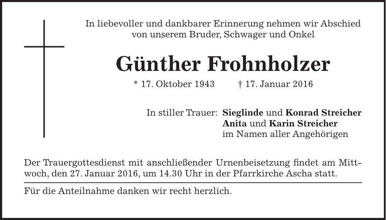 Traueranzeige Günther Frohnholzer