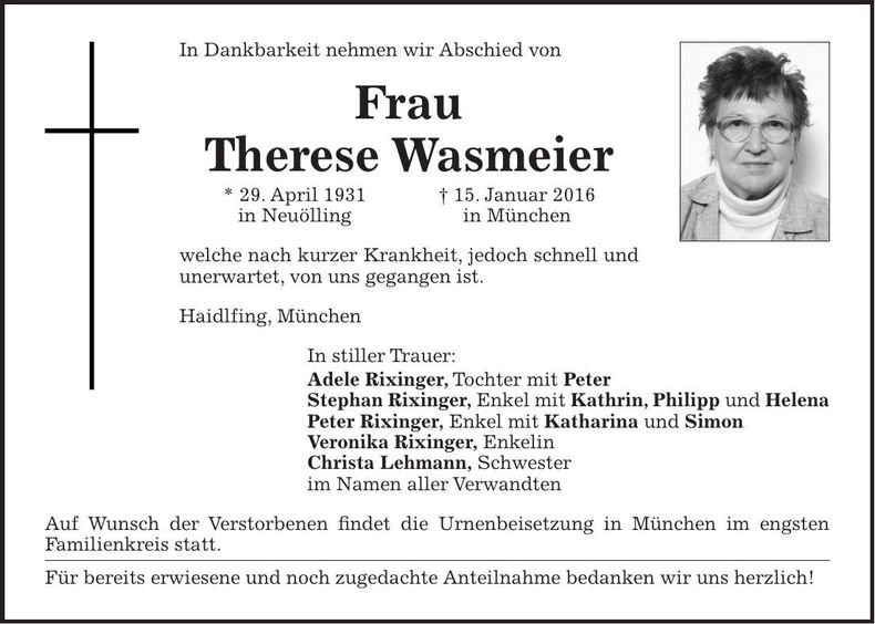 Traueranzeige Therese Wasmeier