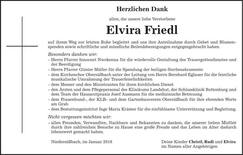 Traueranzeige Elvira Friedl