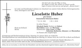 Traueranzeige Lieselotte Huber