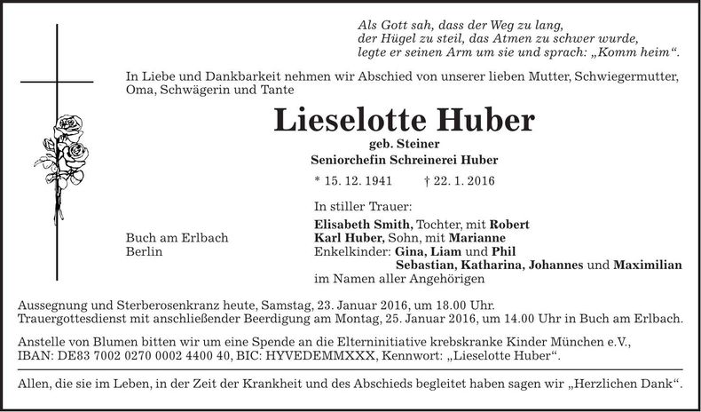 Traueranzeige Lieselotte Huber