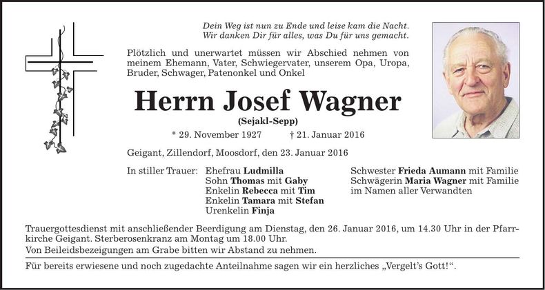 Traueranzeige Josef Wagner