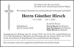 Traueranzeige Günther Hirsch