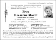 Traueranzeige Kreszenz Macht